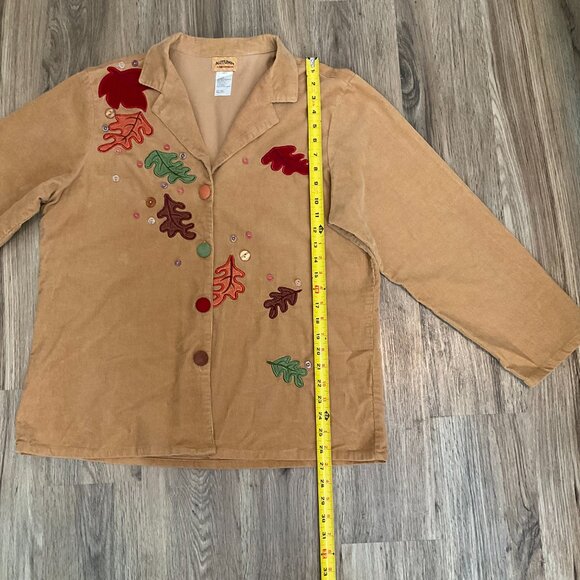 Autumn Creations Corduroy Embroidered Fall Leaves Buttons Shirt Size Medium - Picture 4 of 5